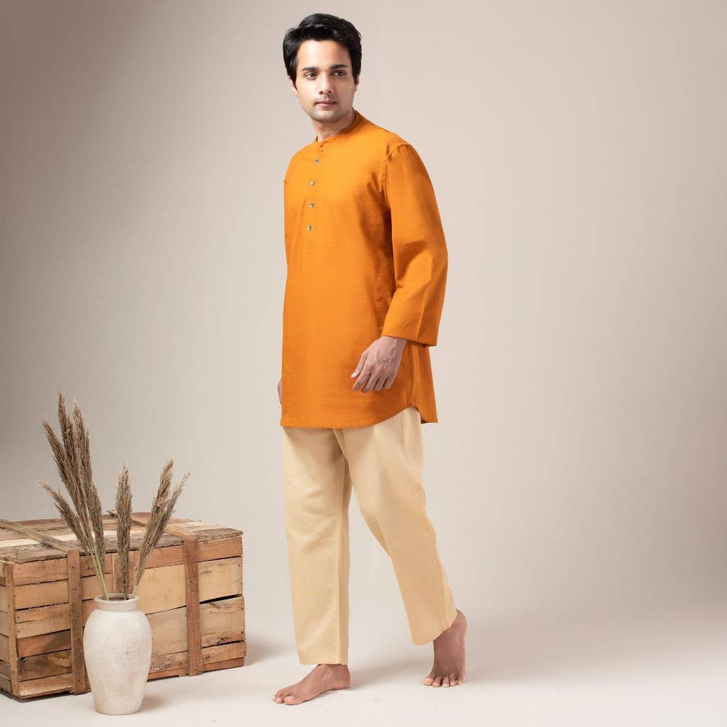 Two Way Slub Asymmetric Placket Kurta - Orange Rust