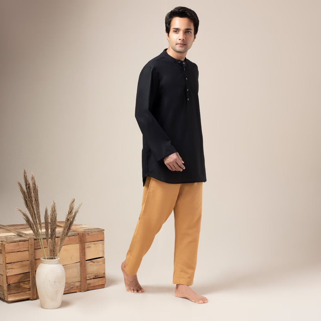 Two Way Slub Asymmetric Placket Kurta - Black