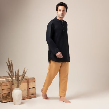 Two Way Slub Asymmetric Placket Kurta - Black