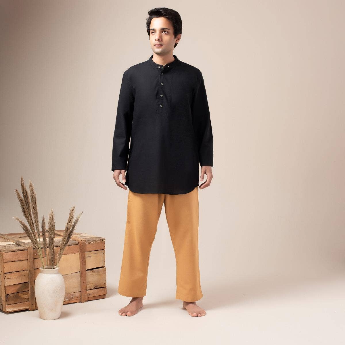 Two Way Slub Asymmetric Placket Kurta - Black