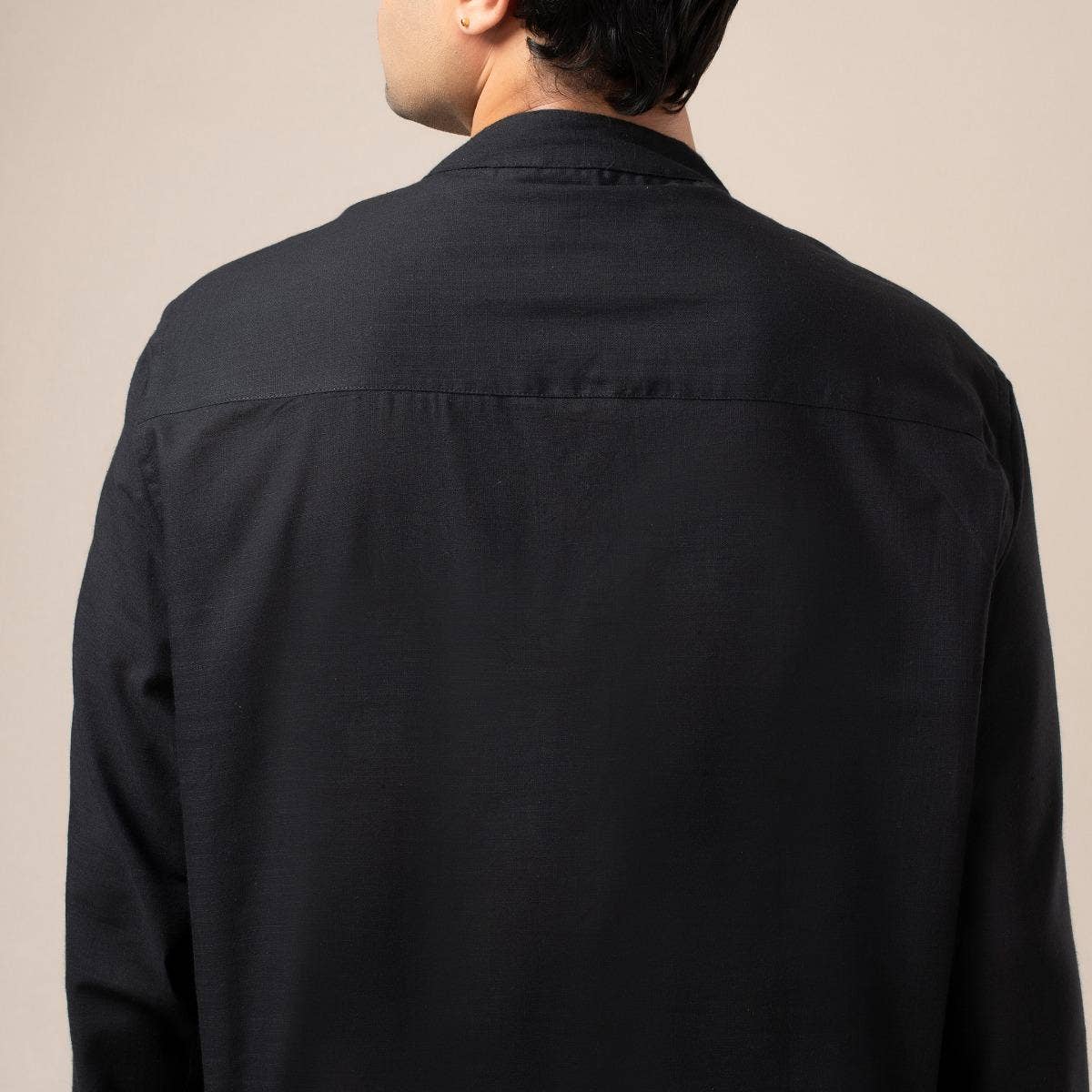 Two Way Slub Asymmetric Placket Kurta - Black