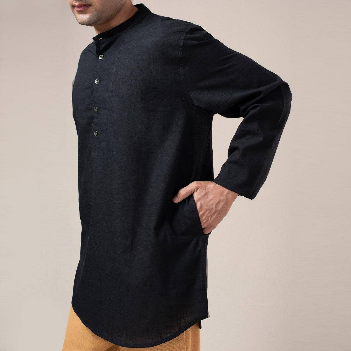 Two Way Slub Asymmetric Placket Kurta - Black