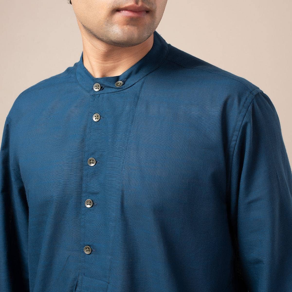 Two Way Slub Asymmetric Placket Kurta - Blue