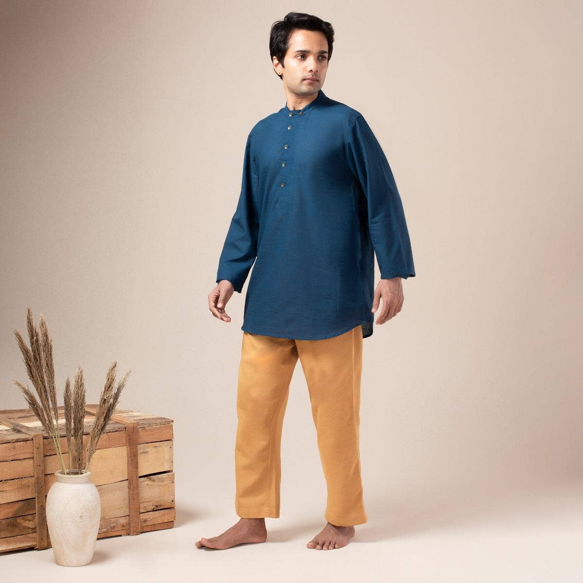 Two Way Slub Asymmetric Placket Kurta - Blue