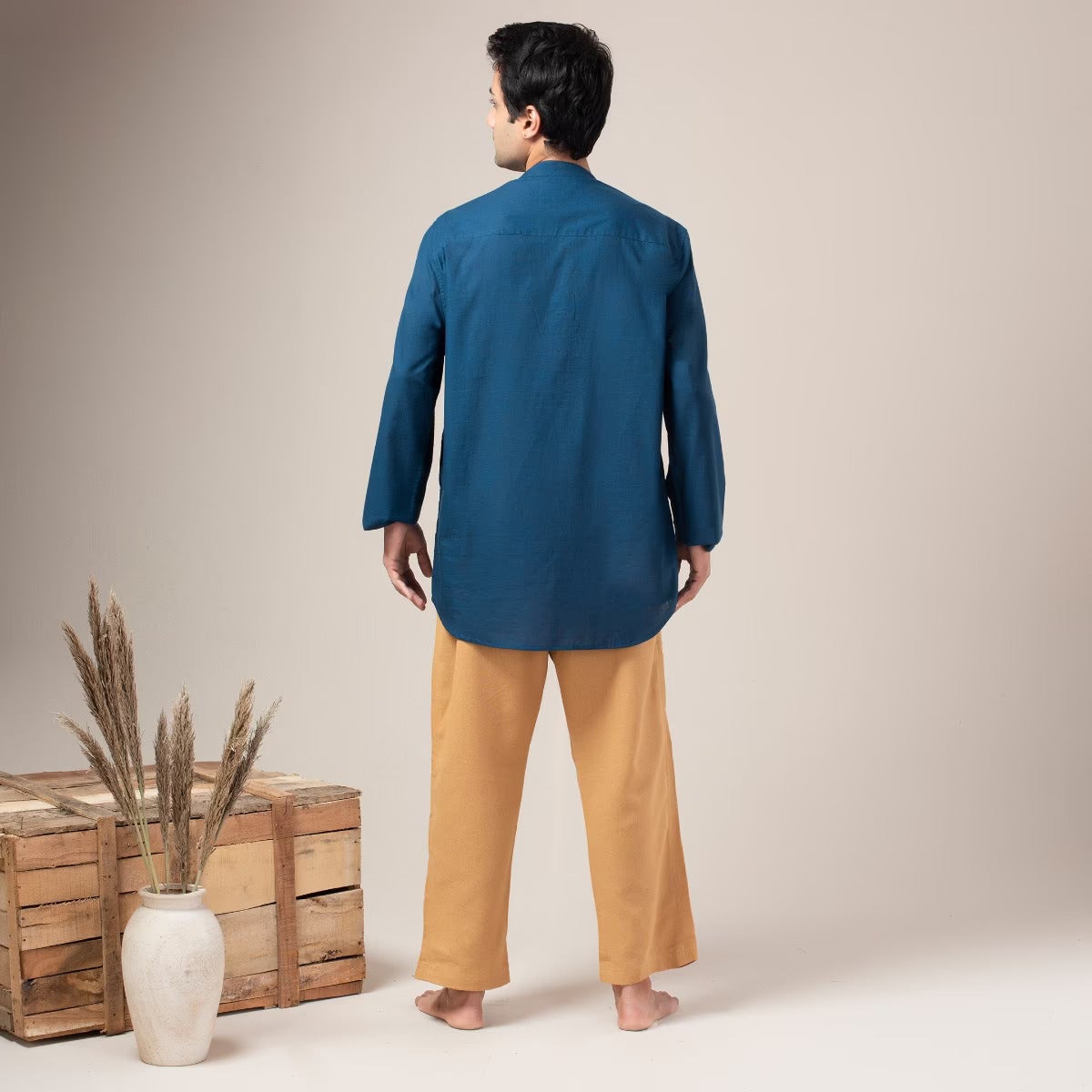 Two Way Slub Asymmetric Placket Kurta - Blue