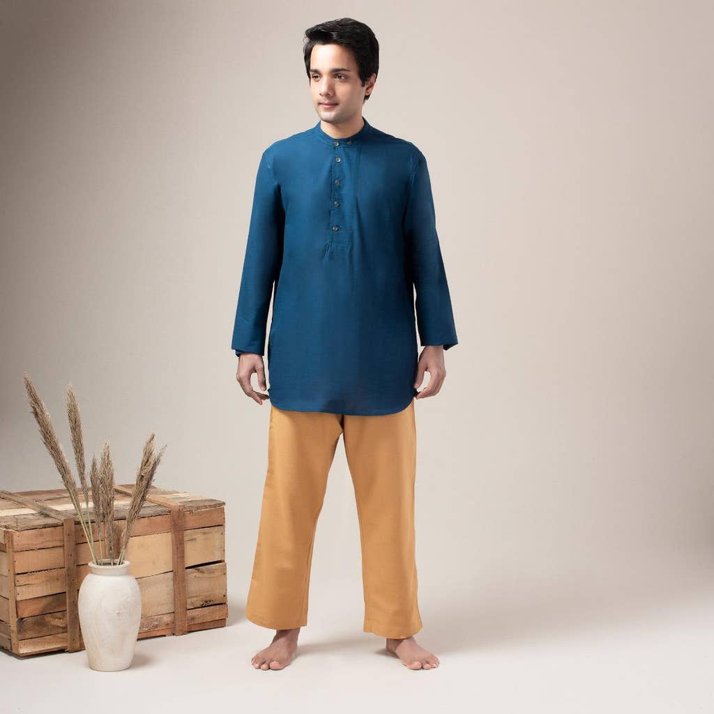 Two Way Slub Asymmetric Placket Kurta - Blue