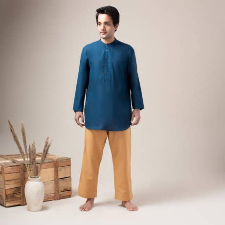 Two Way Slub Asymmetric Placket Kurta - Blue