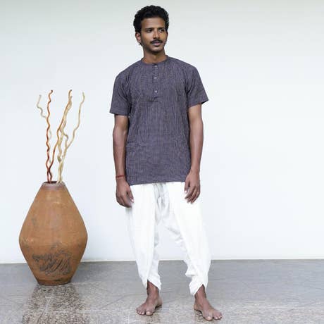 Crinkled Cotton Yarn Dyed Collarless Kurta - Deep Blue