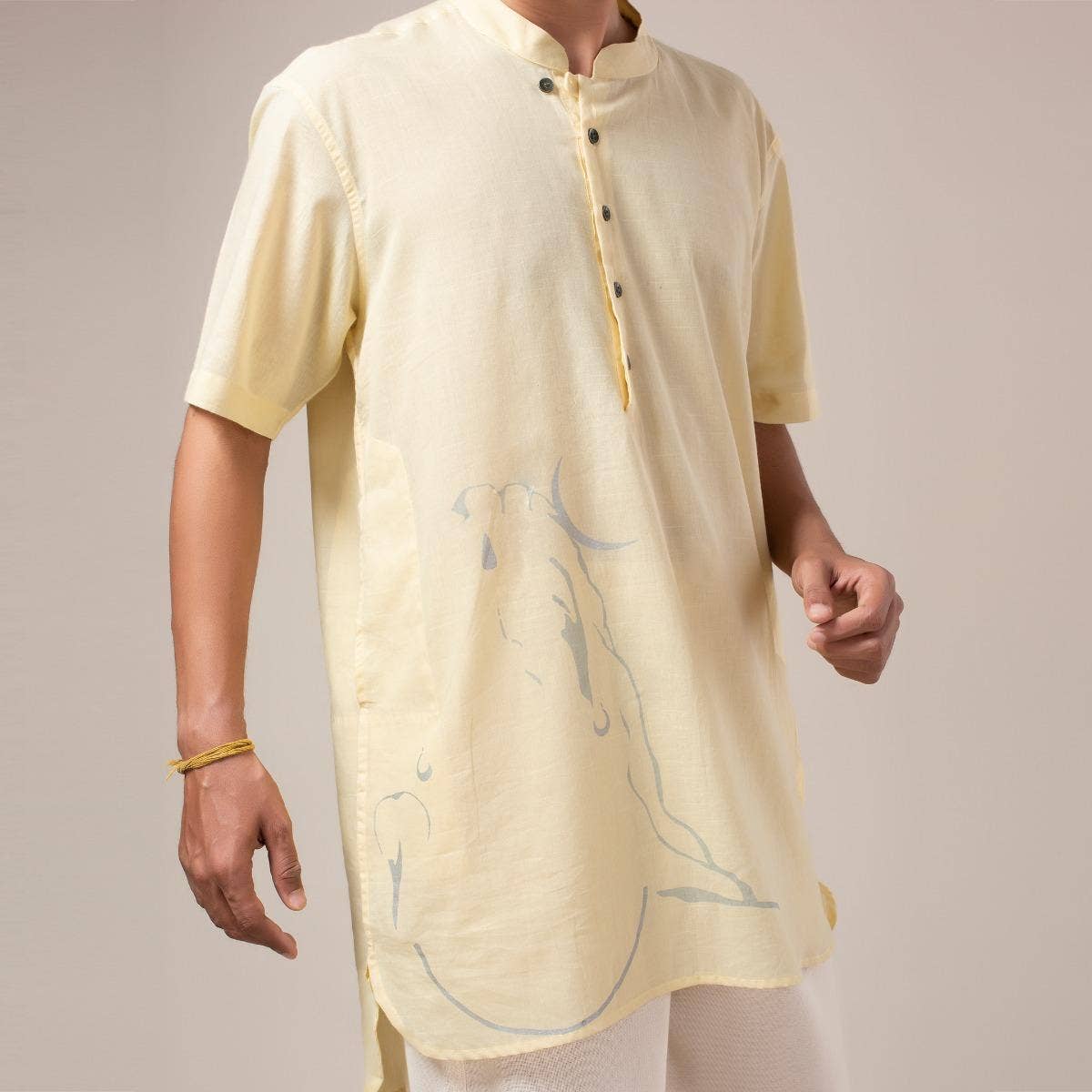 Adiyogi Printed Half Sleeve Kurta - Soft Yellow