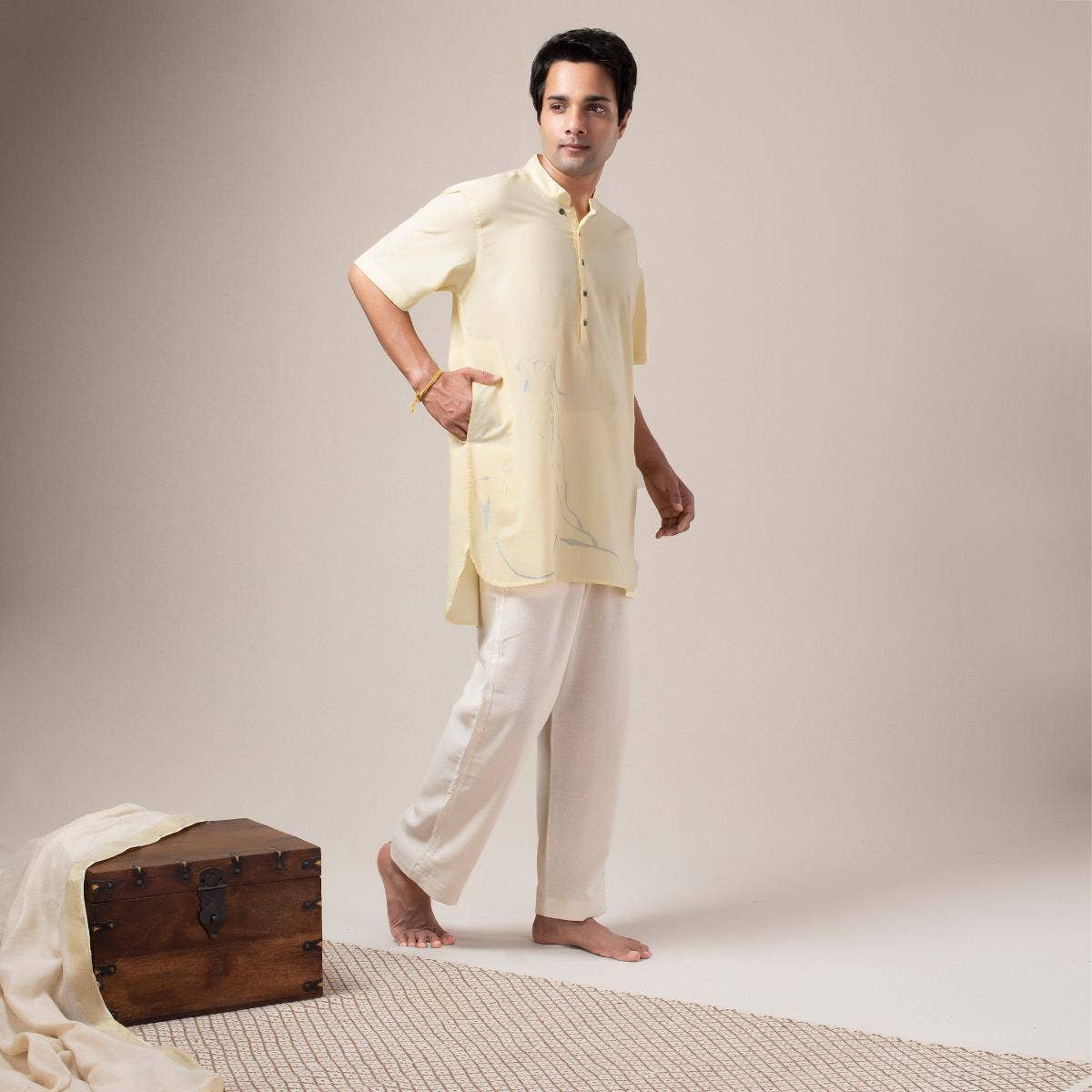 Adiyogi Printed Half Sleeve Kurta - Soft Yellow