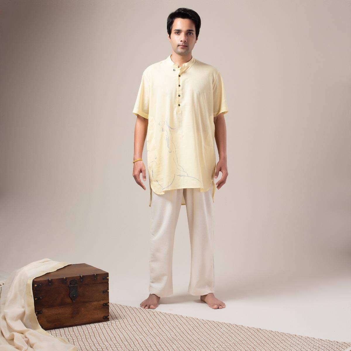 Adiyogi Printed Half Sleeve Kurta - Soft Yellow