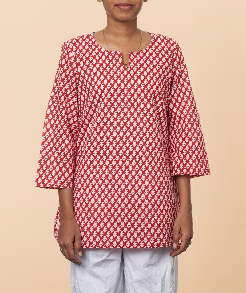 Red Block Print Kurta for Women