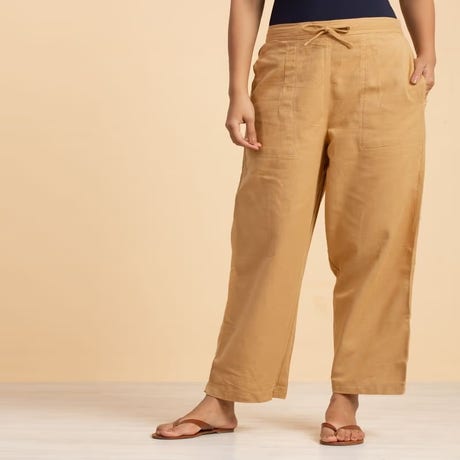 Khaki Organic Cotton Relaxed Fit Pants for Women
