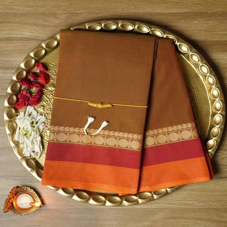 Brown Devi Consecrated Cotton Saree with Orange Border