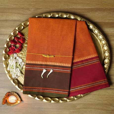 Dark Orange Devi Consecrated Cotton Saree with Brown and Maroon Border