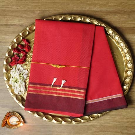 Red Devi Consecrated Cotton Saree with Golden Black Border
