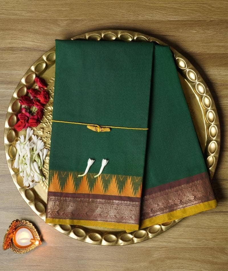 Green Devi Consecrated Cotton Saree with Maroon and Golden Border