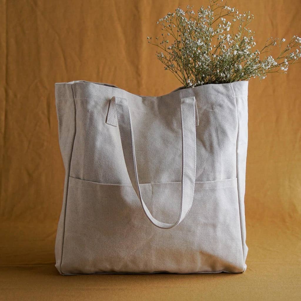 Natural cotton bag with zipper pocket and bottle holder