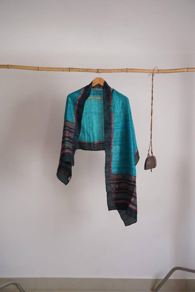 Handlook Aqua Blue Stole Showcasing Bengal Kantha Embroidery