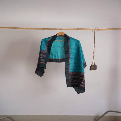 Handlook Aqua Blue Stole Showcasing Bengal Kantha Embroidery