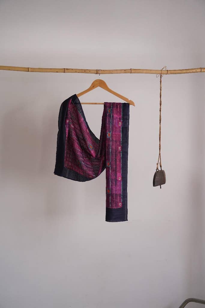 Handlook Purple Stole Showcasing Bengal Kantha Embroidery