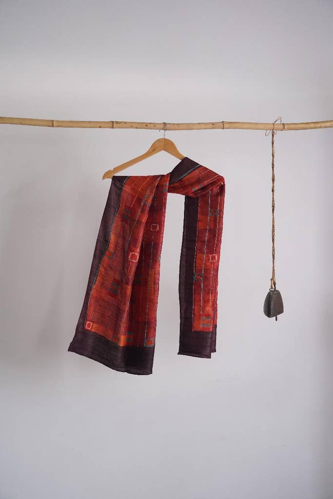 Hand Embroidered And Block Printed Tussar Stole - Flame Of The Forest