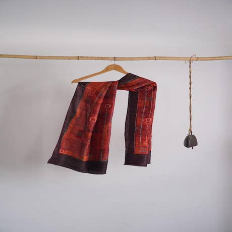 Hand Embroidered And Block Printed Tussar Stole - Flame Of The Forest