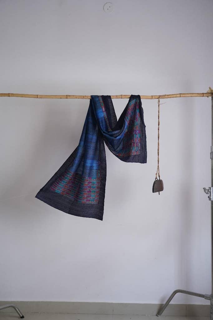 Handlook Navy Blue Stole Showcasing Bengal Kantha Embroidery