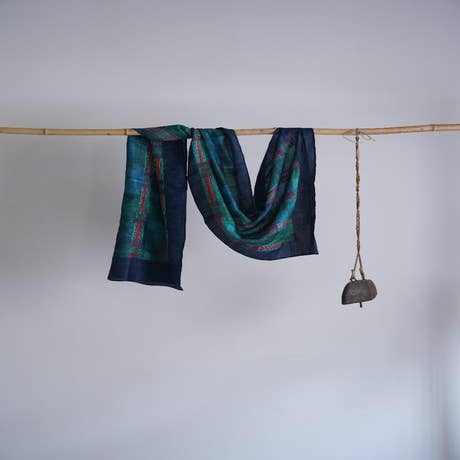 Handloom Blue & Teal Green Stole Showcasing Bengal Kantha Embroidery