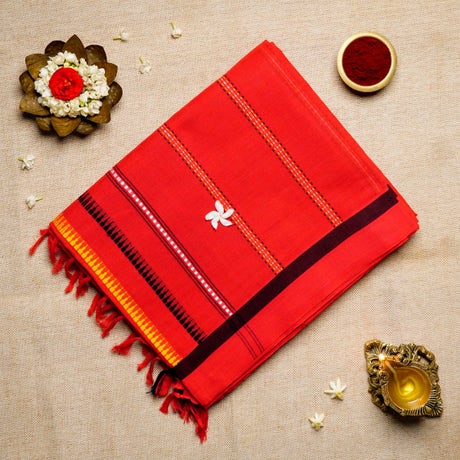 Deep Red, Black, & Yellow Cotton Consecrated Saree