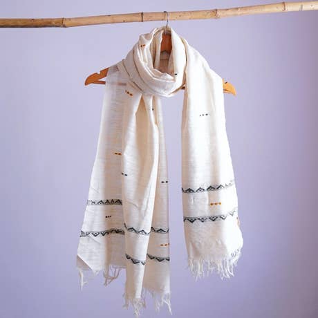 Naturally dyed handwoven white eri silk stole with traditional designs