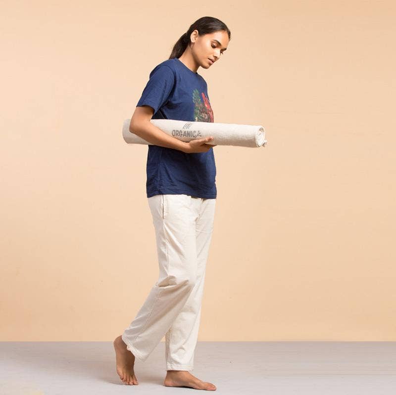 Handwoven organic cotton rug yoga mat.  Undyed. Eco-friendly. Washable. GOTS certified.