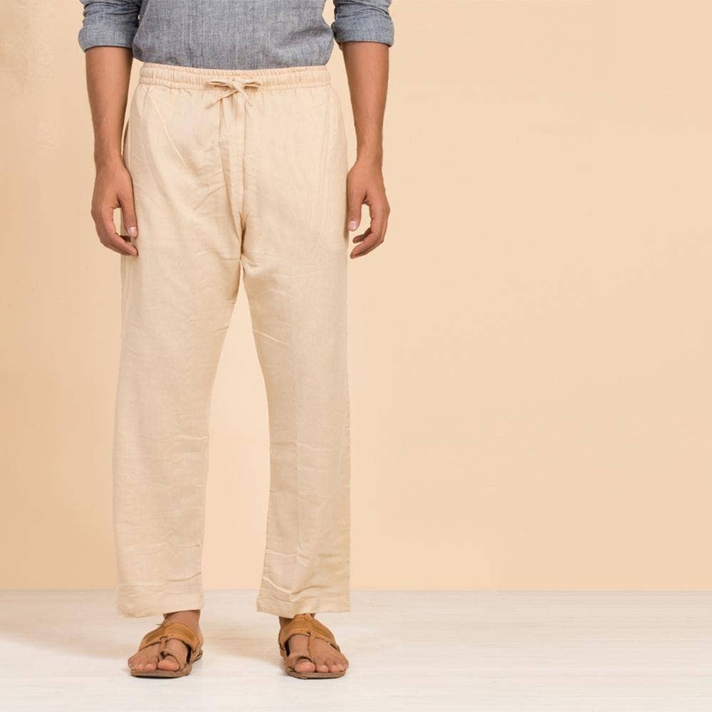Men's Organic Cotton Drawstring Pants (Beige). Breathable fabric. Comfortable for Sadhana. 