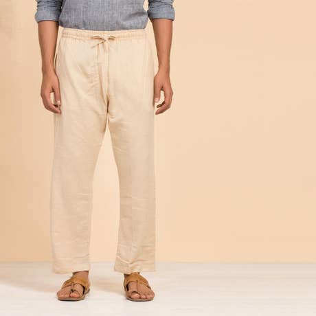 Men's Organic Cotton Drawstring Pants (Beige). Breathable fabric. Comfortable for Sadhana. 