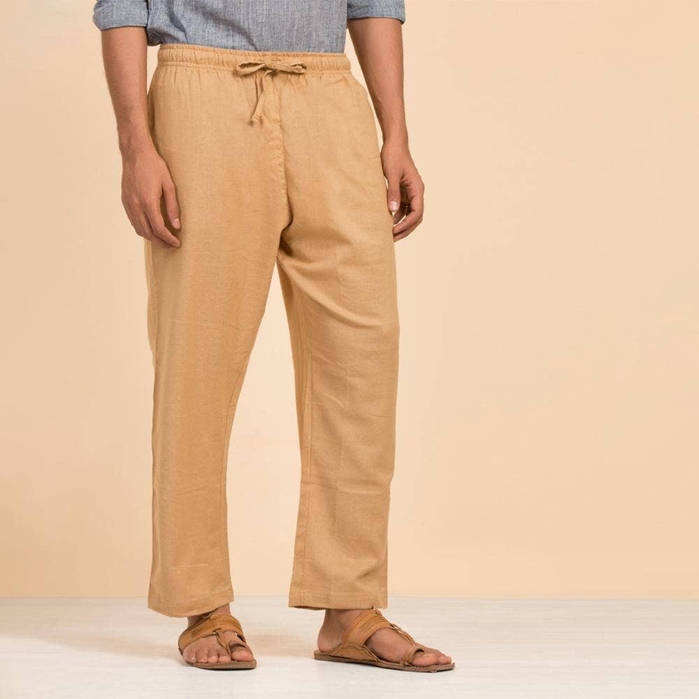 Men's Organic Cotton Drawstring Pants (Khaki). Breathable fabric. Comfortable for Sadhana.