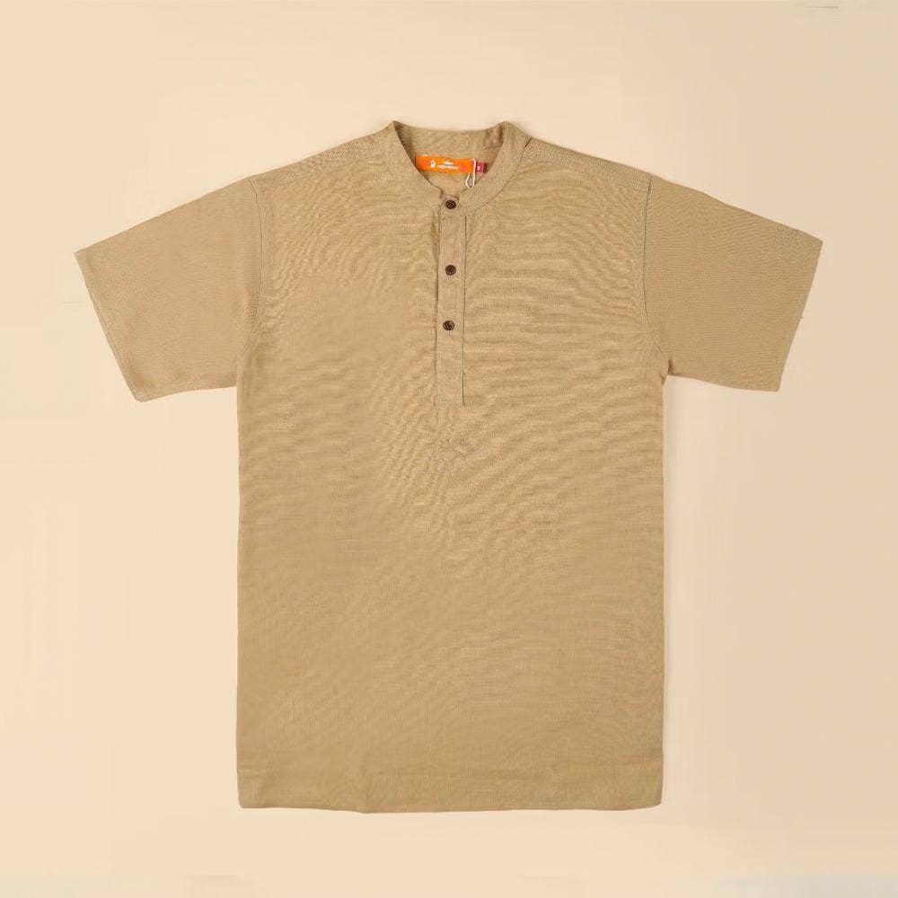 Men’s 100% organic cotton kurta with embroidered (Beige) "Aum". Short sleeved short kurta. Relaxed fit.
