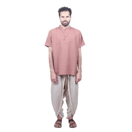 Men’s 100% organic cotton kurta with embroidered (Brick) "Aum". Short sleeved short kurta. Relaxed fit. 