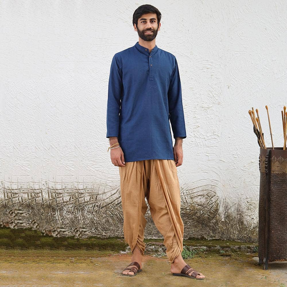 Men’s 100% organic cotton kurta with embroidered (Navy) "Aum". Long sleeved short kurta. Relaxed fit.