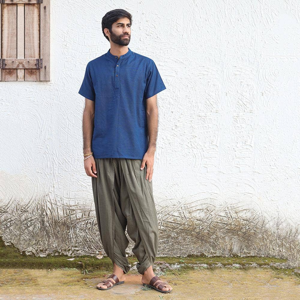 Men’s 100% organic cotton kurta with embroidered  (Navy) "Aum". Short sleeved short kurta. Relaxed fit.