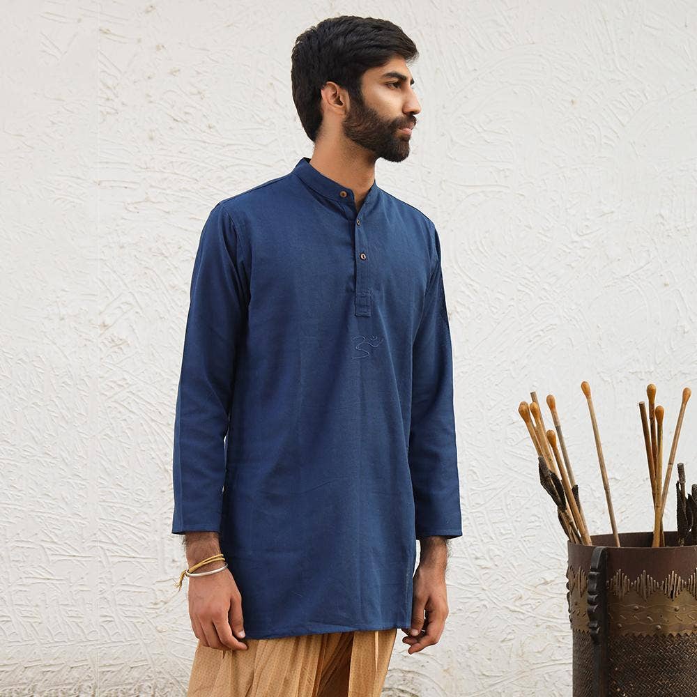Men’s 100% organic cotton kurta with embroidered (Navy) "Aum". Long sleeved short kurta. Relaxed fit.