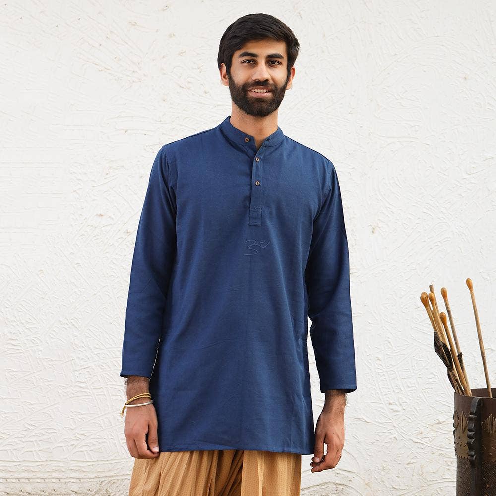 Men’s 100% organic cotton kurta with embroidered (Navy) "Aum". Long sleeved short kurta. Relaxed fit.