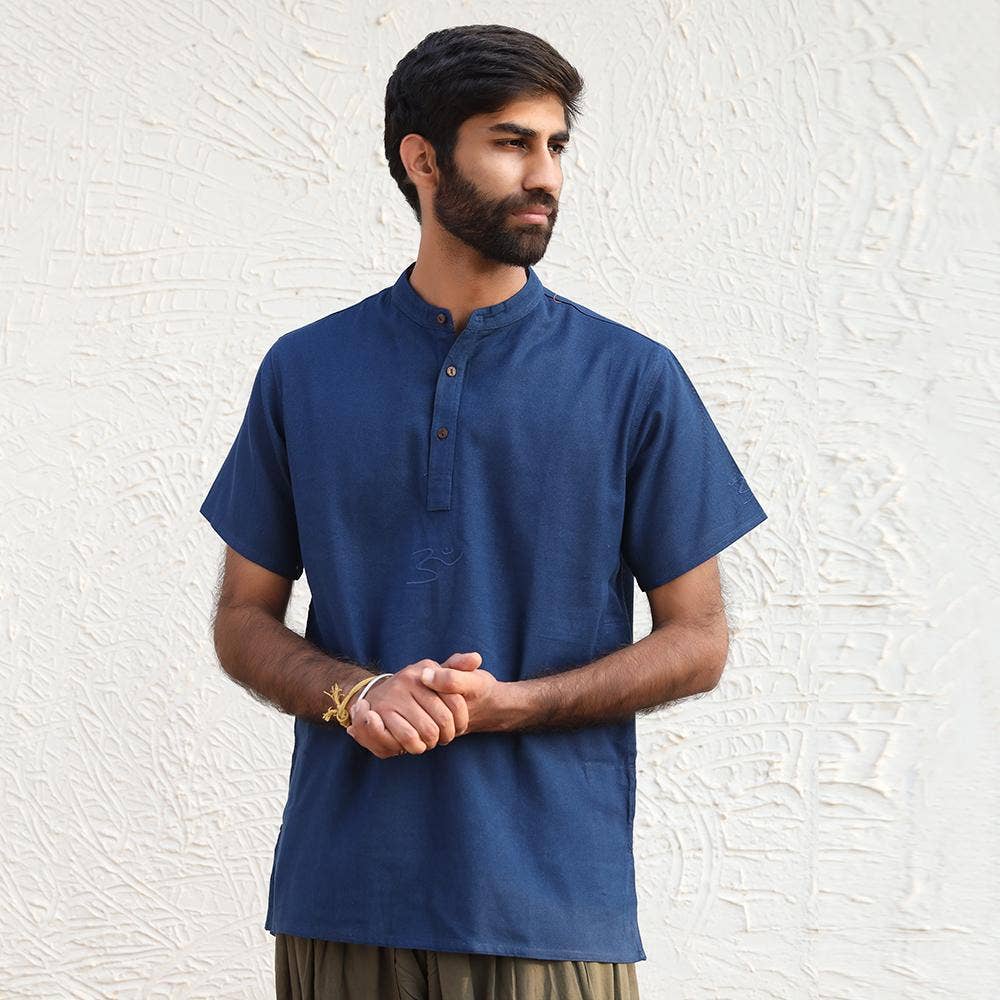 Men’s 100% organic cotton kurta with embroidered  (Navy) "Aum". Short sleeved short kurta. Relaxed fit.