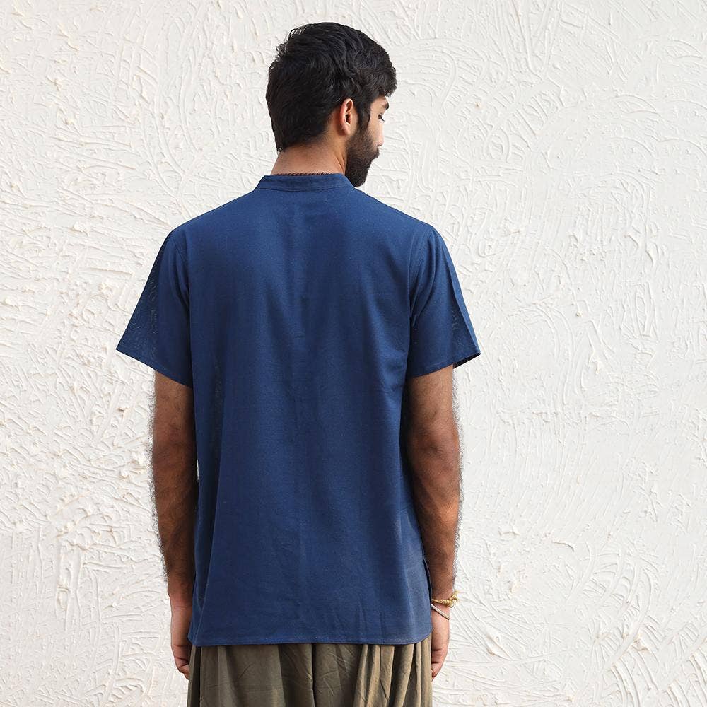 Men’s 100% organic cotton kurta with embroidered  (Navy) "Aum". Short sleeved short kurta. Relaxed fit.