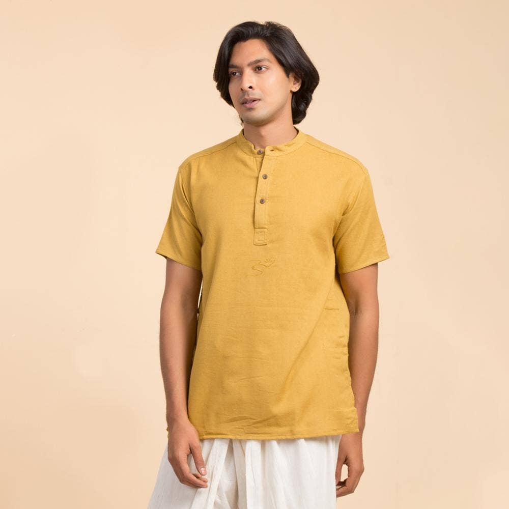 Men’s 100% organic cotton kurta with embroidered (Mustard) "Aum". Short sleeved short kurta. Relaxed fit.