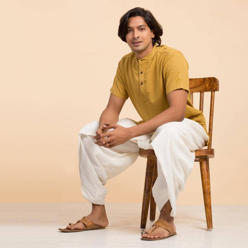 Men’s 100% organic cotton kurta with embroidered (Mustard) "Aum". Short sleeved short kurta. Relaxed fit.