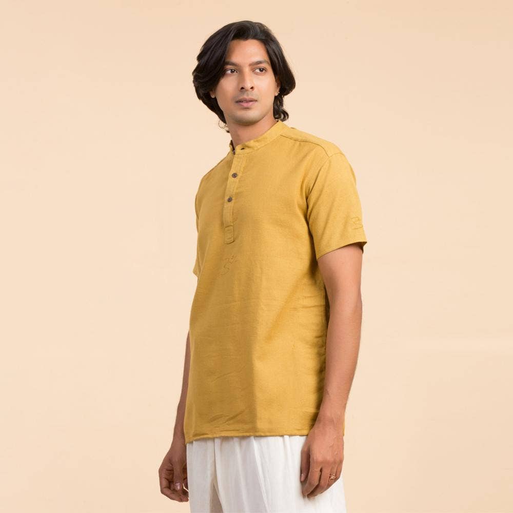 Men’s 100% organic cotton kurta with embroidered (Mustard) "Aum". Short sleeved short kurta. Relaxed fit.