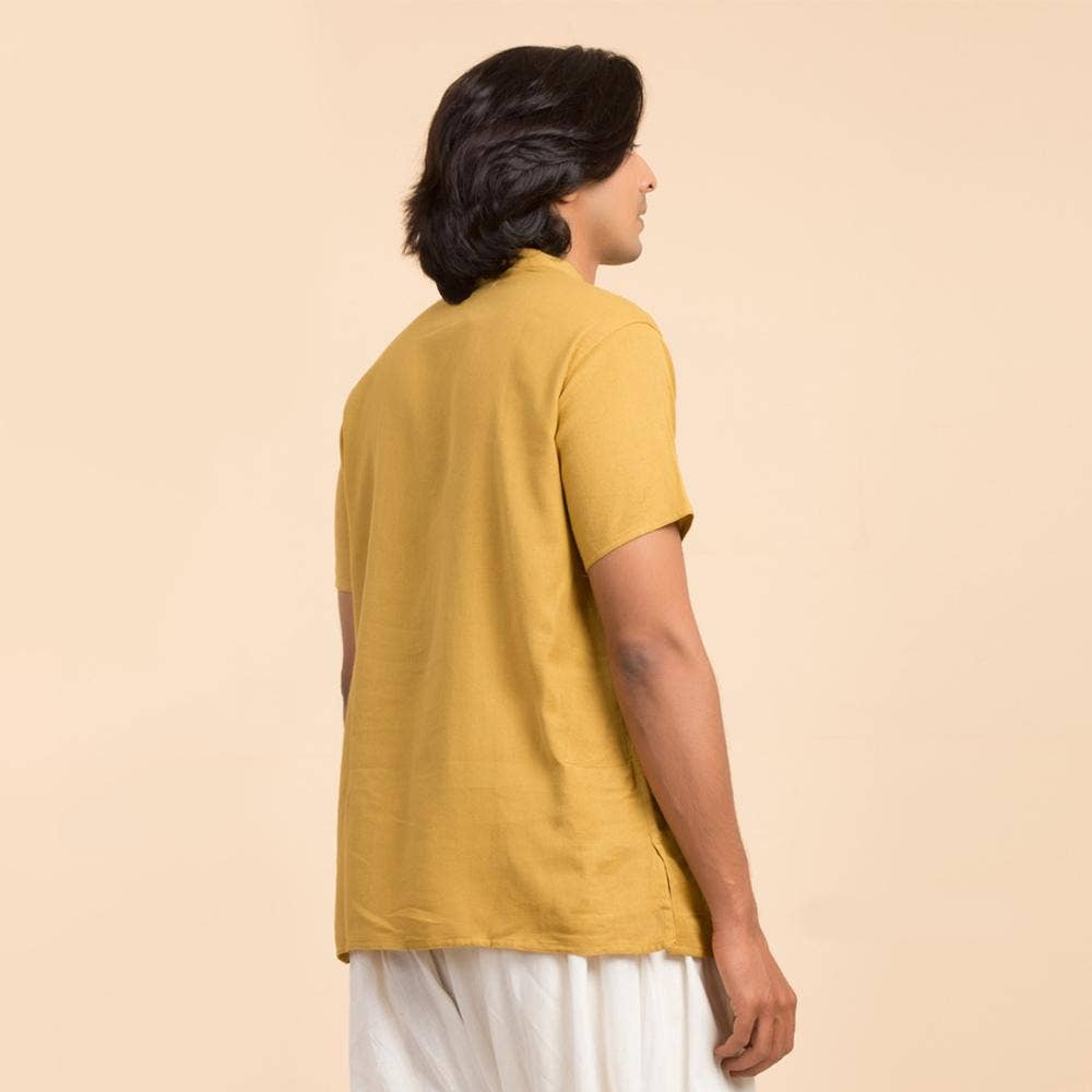 Men’s 100% organic cotton kurta with embroidered (Mustard) "Aum". Short sleeved short kurta. Relaxed fit.