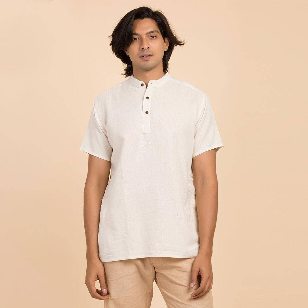 Men’s 100% organic cotton kurta with embroidered (Off - White) "Aum". Short sleeved short kurta. Relaxed fit.