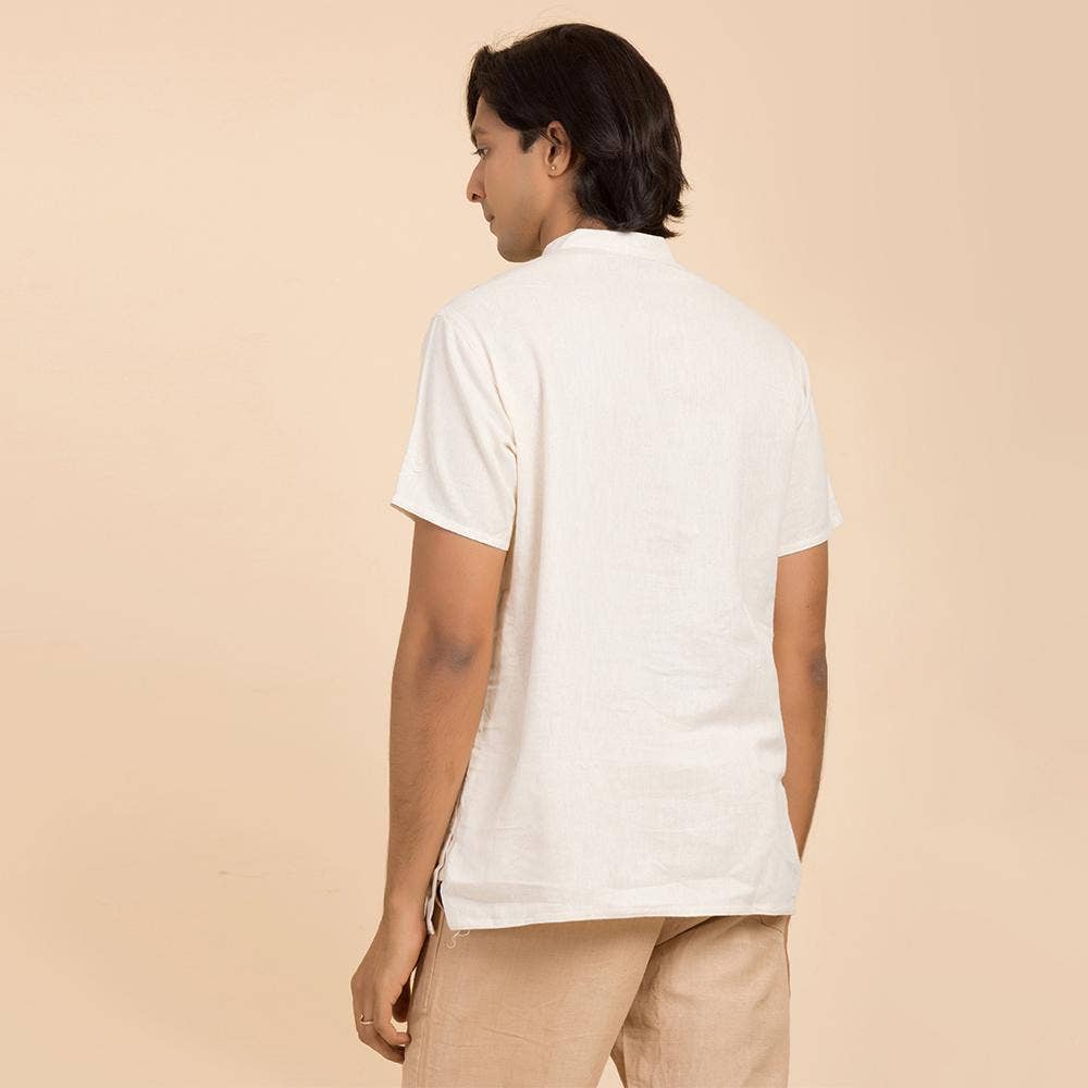 Men’s 100% organic cotton kurta with embroidered (Off - White) "Aum". Short sleeved short kurta. Relaxed fit.
