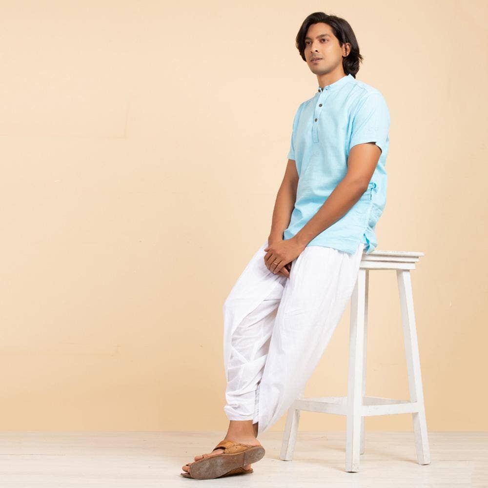 Men’s 100% organic cotton kurta with embroidered (Sky) "Aum". Short sleeved short kurta. Relaxed fit.